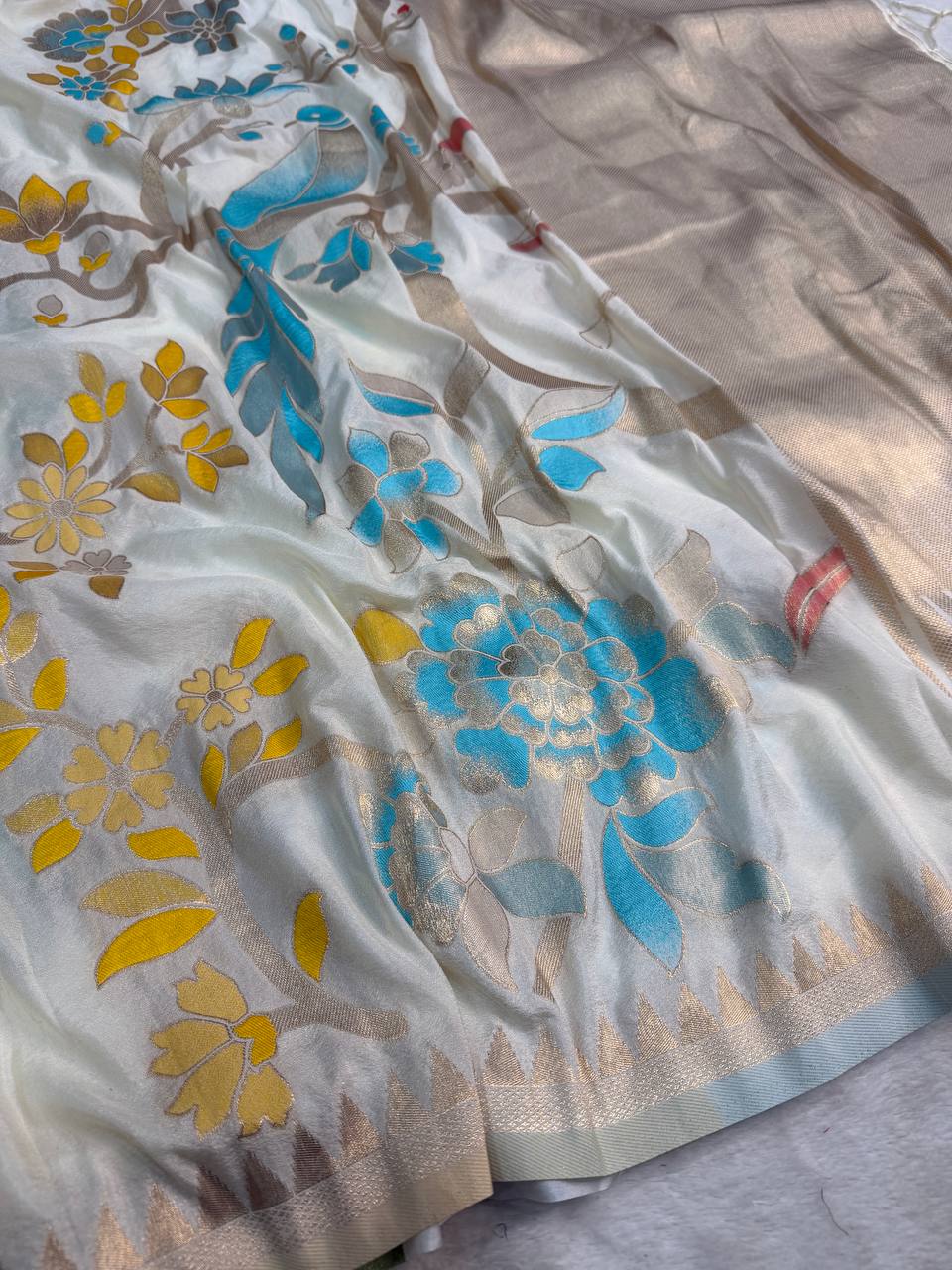 Rhapsodic Beige Khadi Georgette Banarasi Silk Saree With Ethereal Blouse Piece