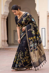 Gleaming Black Khadi Georgette Banarasi Silk Saree With Moiety Blouse Piece