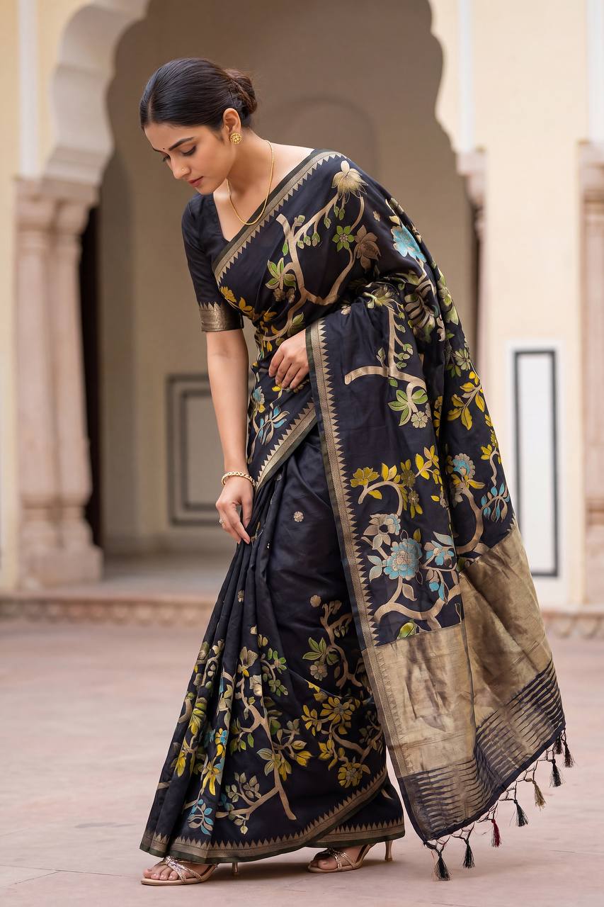 Gleaming Black Khadi Georgette Banarasi Silk Saree With Moiety Blouse Piece