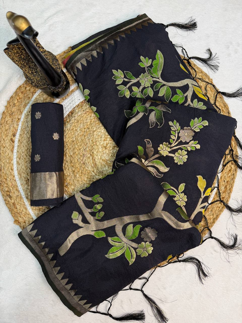 Gleaming Black Khadi Georgette Banarasi Silk Saree With Moiety Blouse Piece