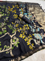 Gleaming Black Khadi Georgette Banarasi Silk Saree With Moiety Blouse Piece
