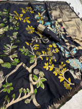 Gleaming Black Khadi Georgette Banarasi Silk Saree With Moiety Blouse Piece