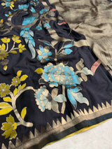 Gleaming Black Khadi Georgette Banarasi Silk Saree With Moiety Blouse Piece