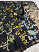 Gleaming Black Khadi Georgette Banarasi Silk Saree With Moiety Blouse Piece