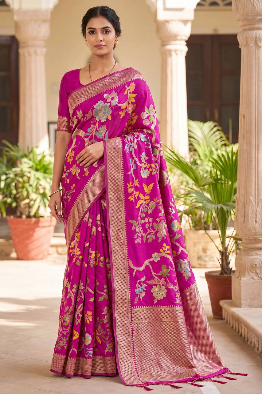 Woebegone Dark Pink Khadi Georgette Banarasi Silk Saree With Ephemeral Blouse Piece