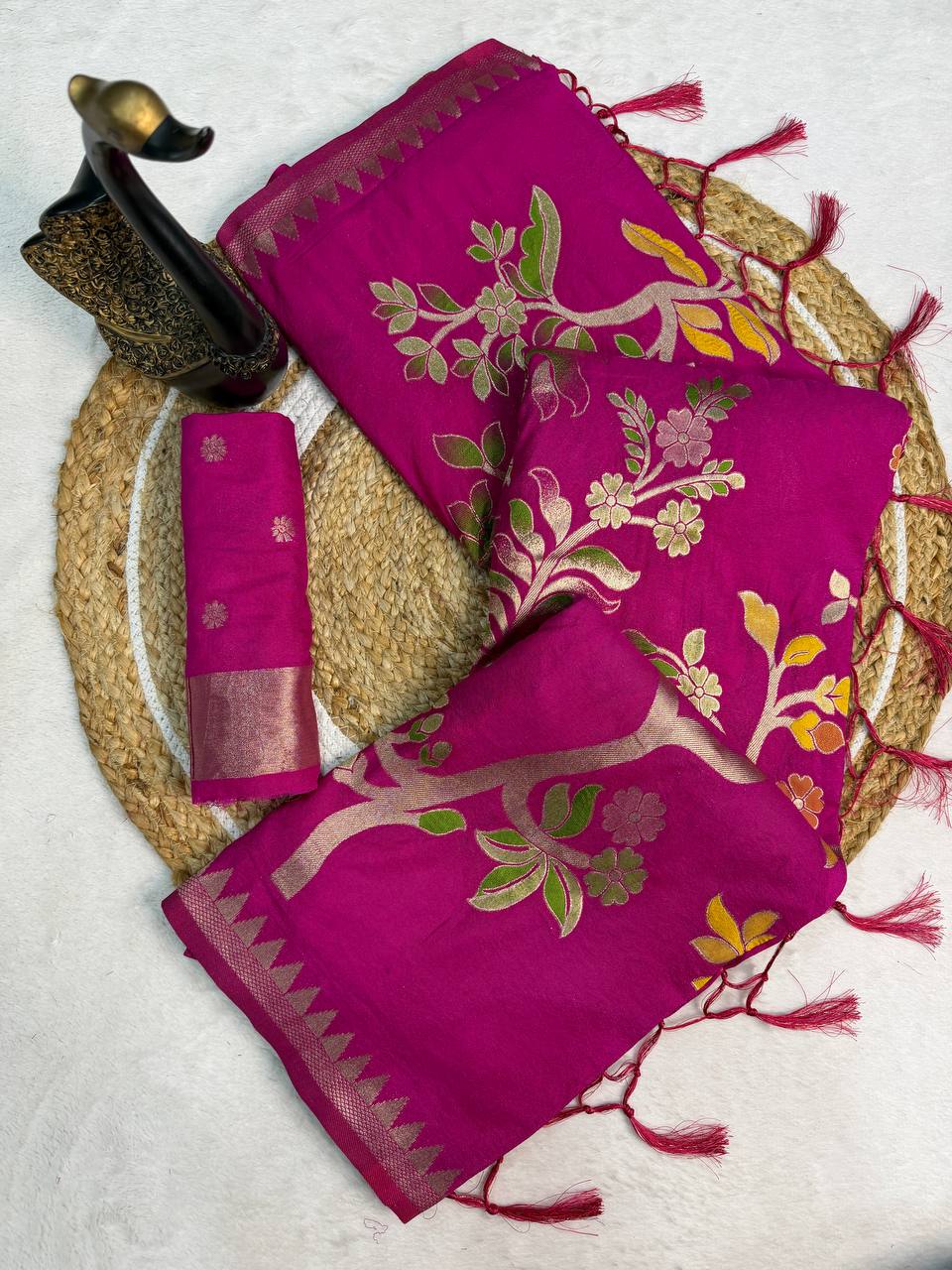 Woebegone Dark Pink Khadi Georgette Banarasi Silk Saree With Ephemeral Blouse Piece