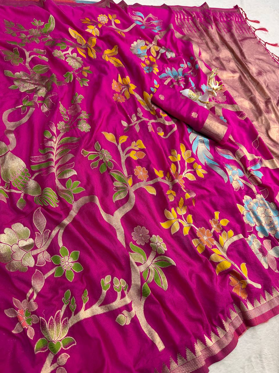 Woebegone Dark Pink Khadi Georgette Banarasi Silk Saree With Ephemeral Blouse Piece