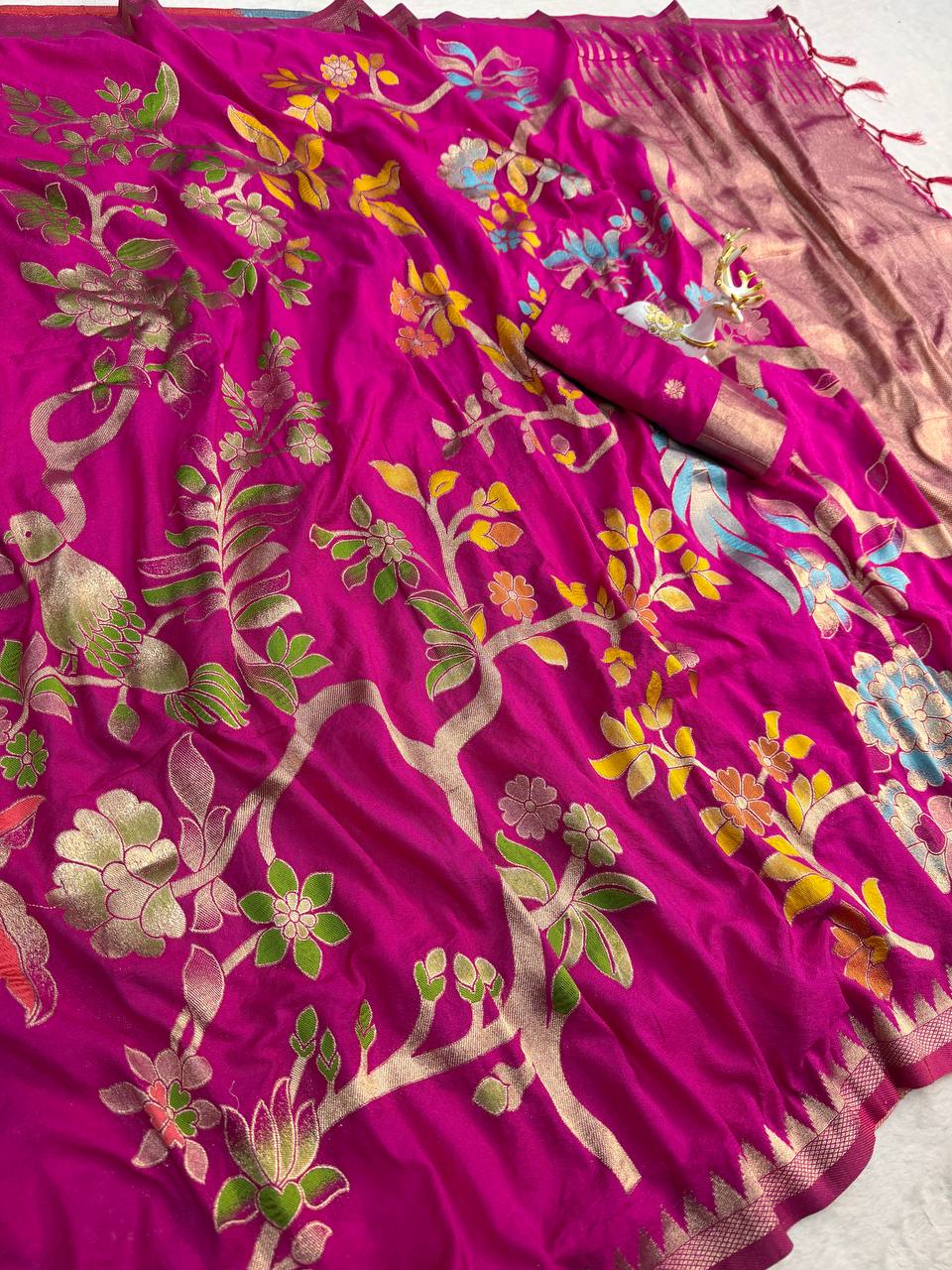 Woebegone Dark Pink Khadi Georgette Banarasi Silk Saree With Ephemeral Blouse Piece