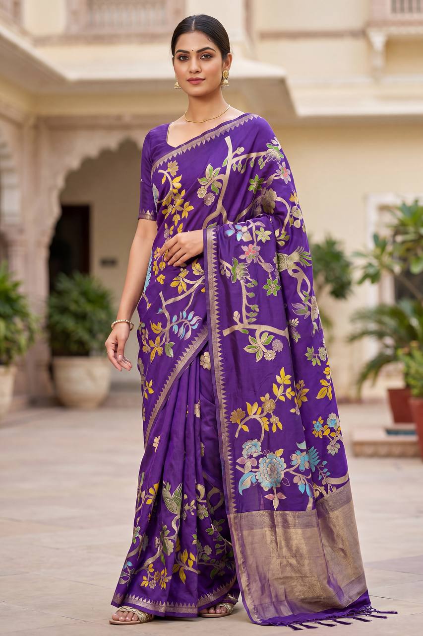 Confounding Purple Khadi Georgette Banarasi Silk Saree With Nemesis Blouse Piece