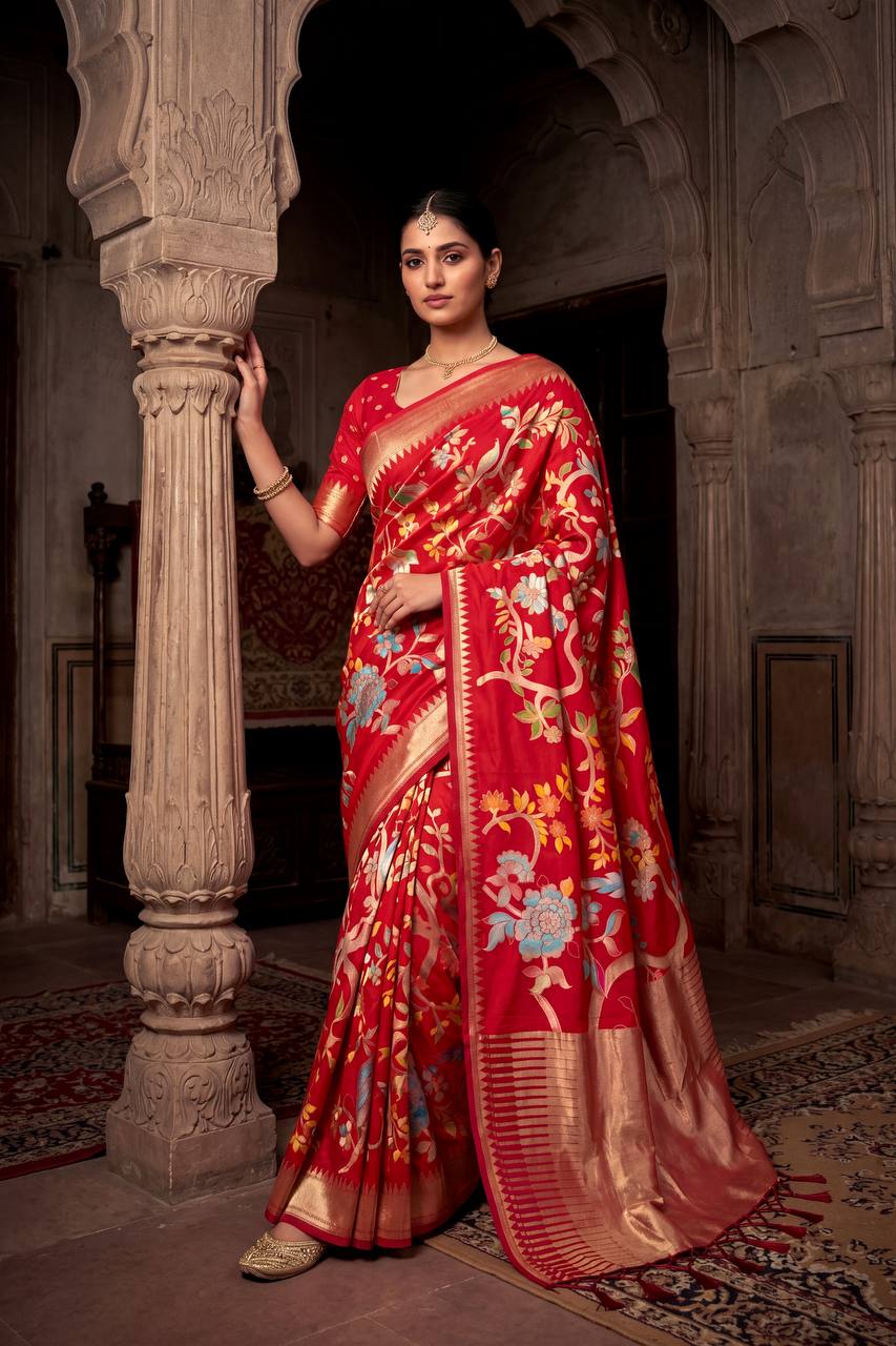 Lassitude Red Khadi Georgette Banarasi Silk Saree With Incomparable Blouse Piece