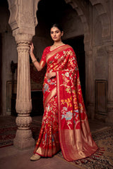 Lassitude Red Khadi Georgette Banarasi Silk Saree With Incomparable Blouse Piece