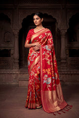 Lassitude Red Khadi Georgette Banarasi Silk Saree With Incomparable Blouse Piece