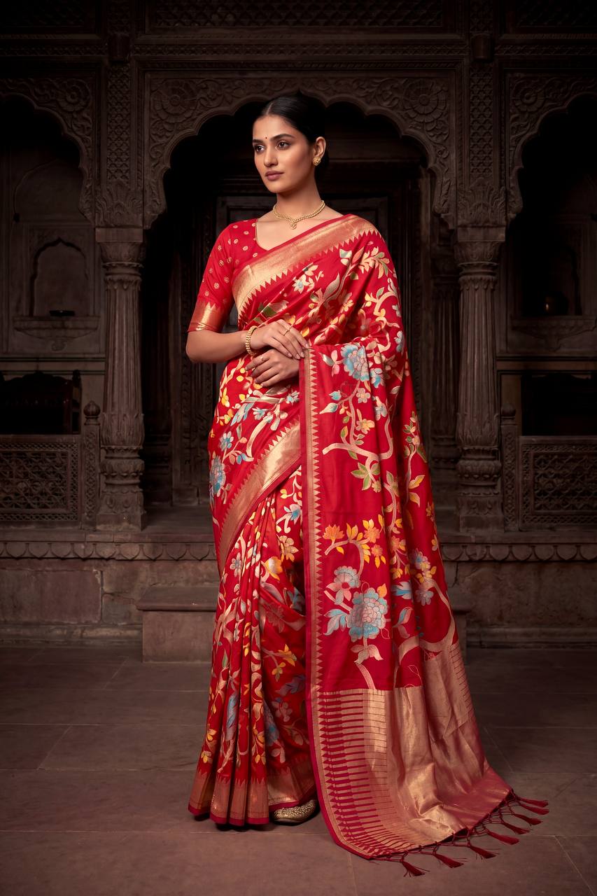 Lassitude Red Khadi Georgette Banarasi Silk Saree With Incomparable Blouse Piece