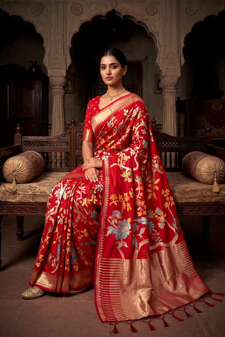 Lassitude Red Khadi Georgette Banarasi Silk Saree With Incomparable Blouse Piece