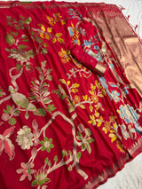 Lassitude Red Khadi Georgette Banarasi Silk Saree With Incomparable Blouse Piece