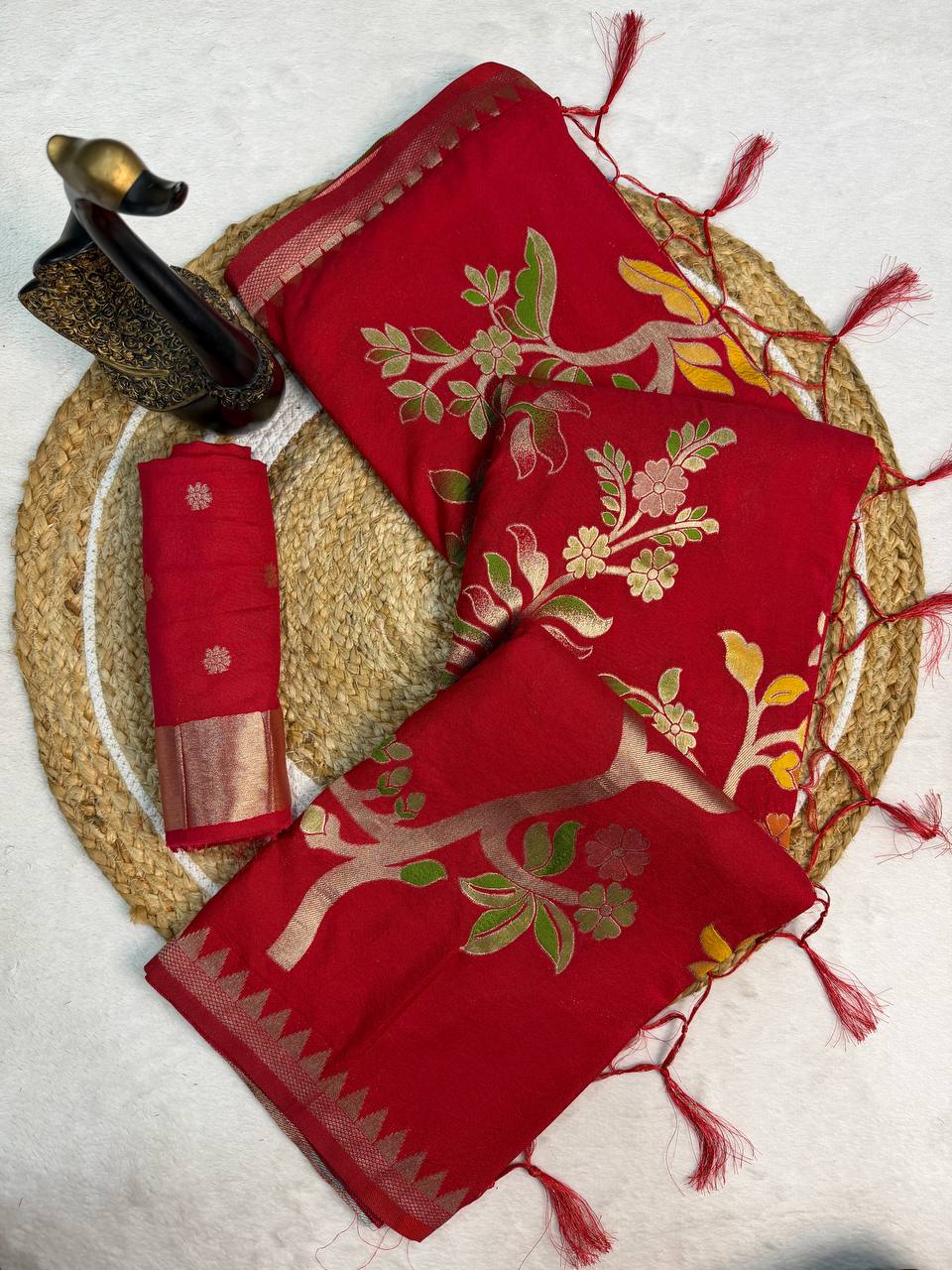 Lassitude Red Khadi Georgette Banarasi Silk Saree With Incomparable Blouse Piece