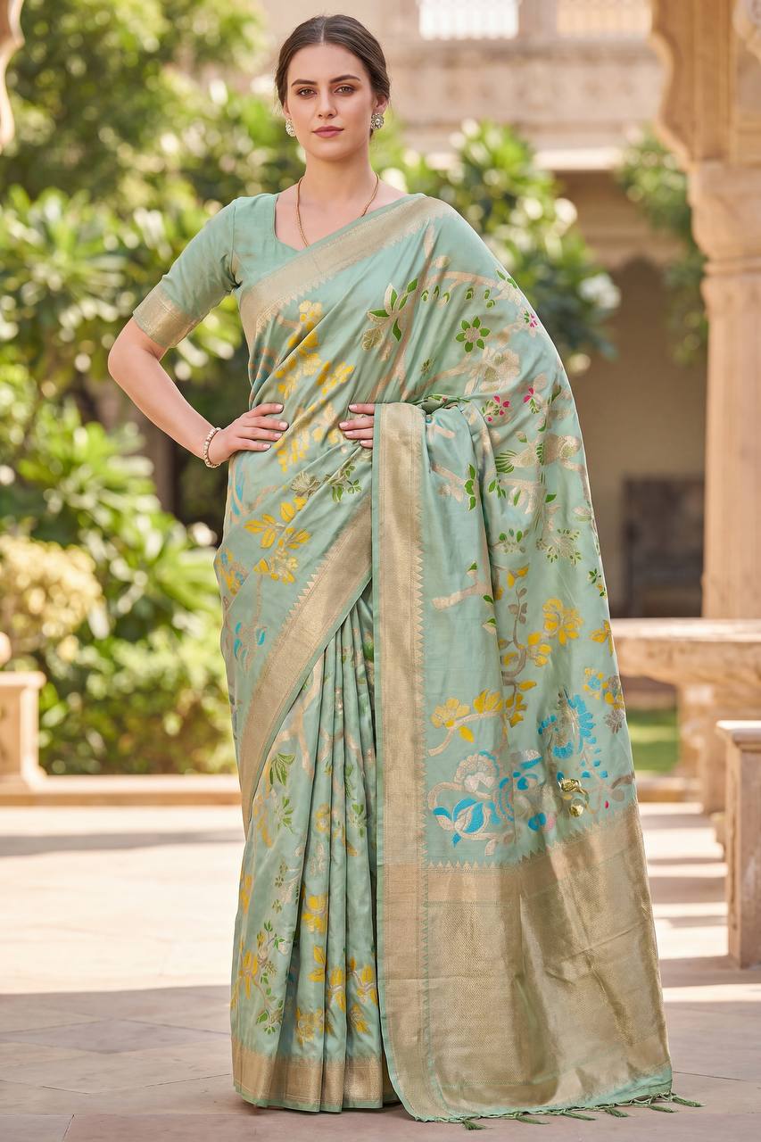 Vibrant Sea Green Khadi Georgette Banarasi Silk Saree With Designer Blouse Piece