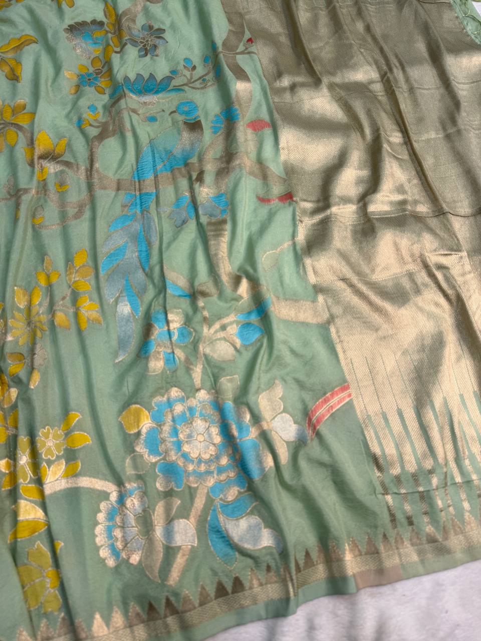 Vibrant Sea Green Khadi Georgette Banarasi Silk Saree With Designer Blouse Piece