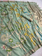 Vibrant Sea Green Khadi Georgette Banarasi Silk Saree With Designer Blouse Piece