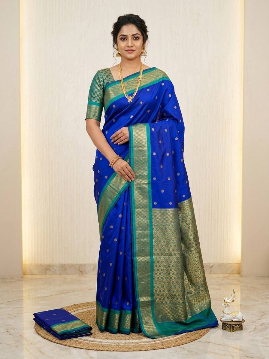 Transcendent Royal Blue Pure Zari Weaving Banarasi Silk Saree With Beautiful Blouse Piece