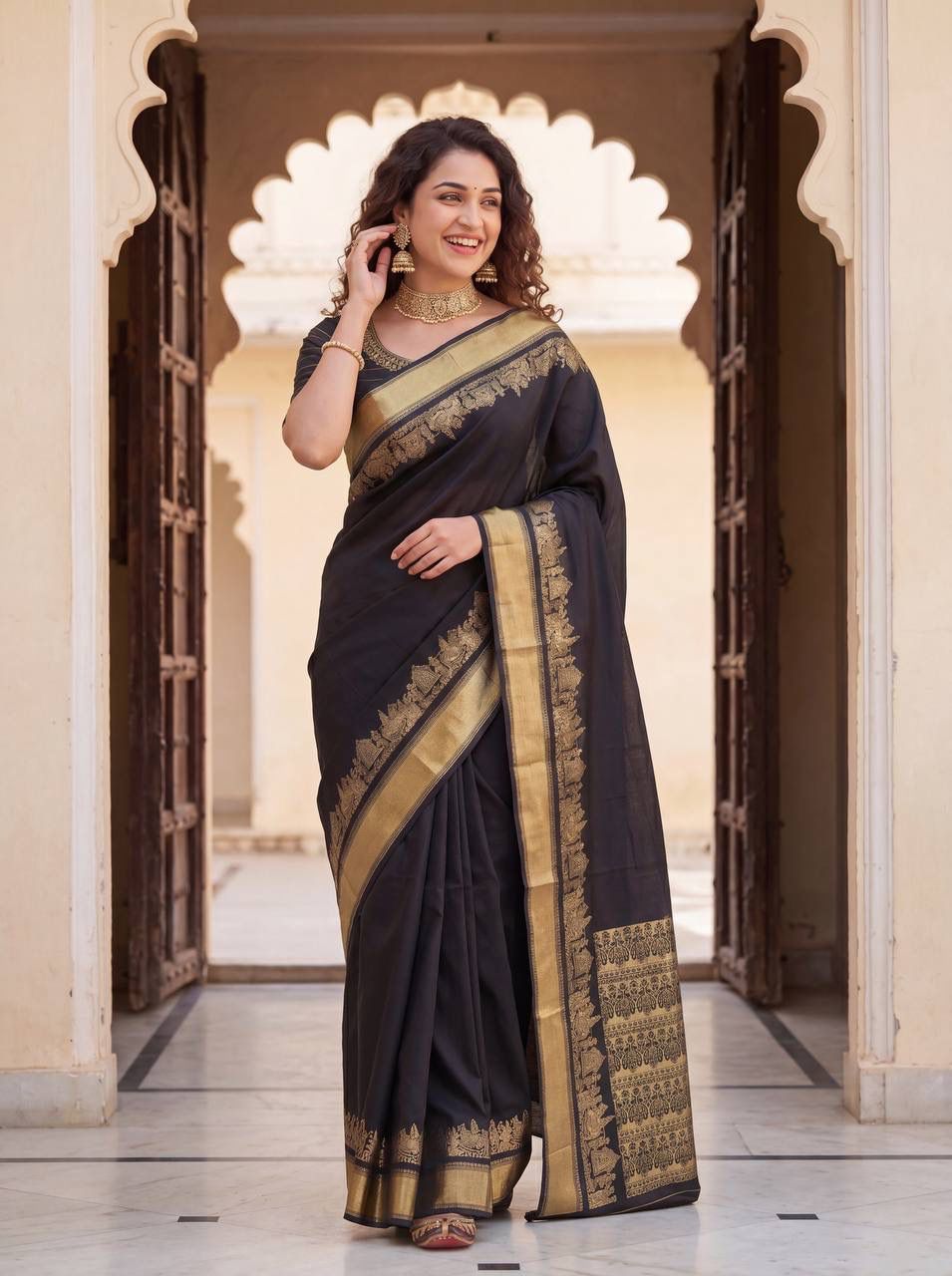 Luxuriant Black Soft Silk Saree With Beleaguer Blouse Piece
