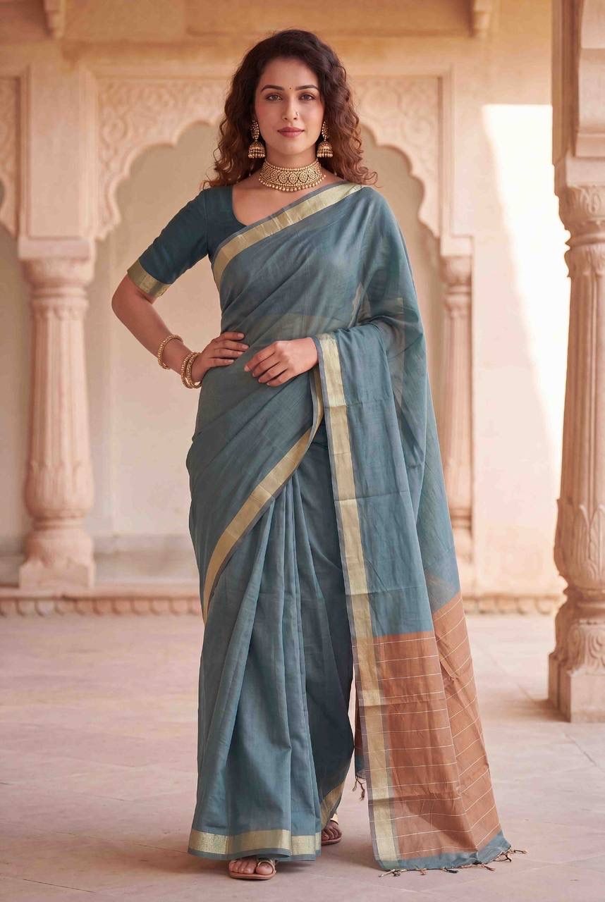 Enthralling Sea Green Cotton Silk Saree With Embellished Blouse Piece