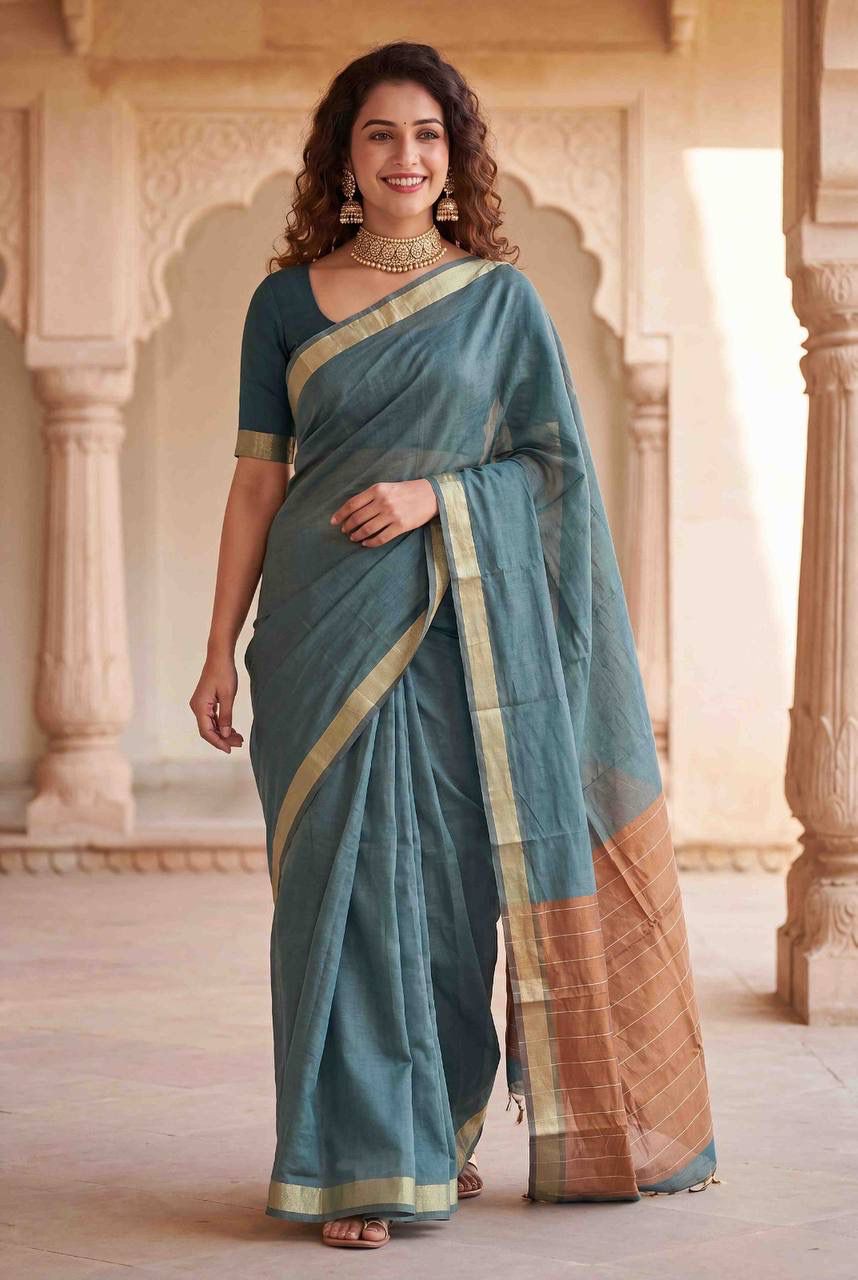 Enthralling Sea Green Cotton Silk Saree With Embellished Blouse Piece