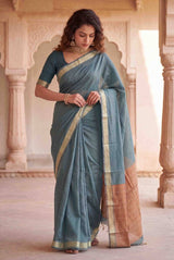 Enthralling Sea Green Cotton Silk Saree With Embellished Blouse Piece