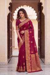 Beauteous Wine Soft Silk Saree With Denouement Blouse Piece