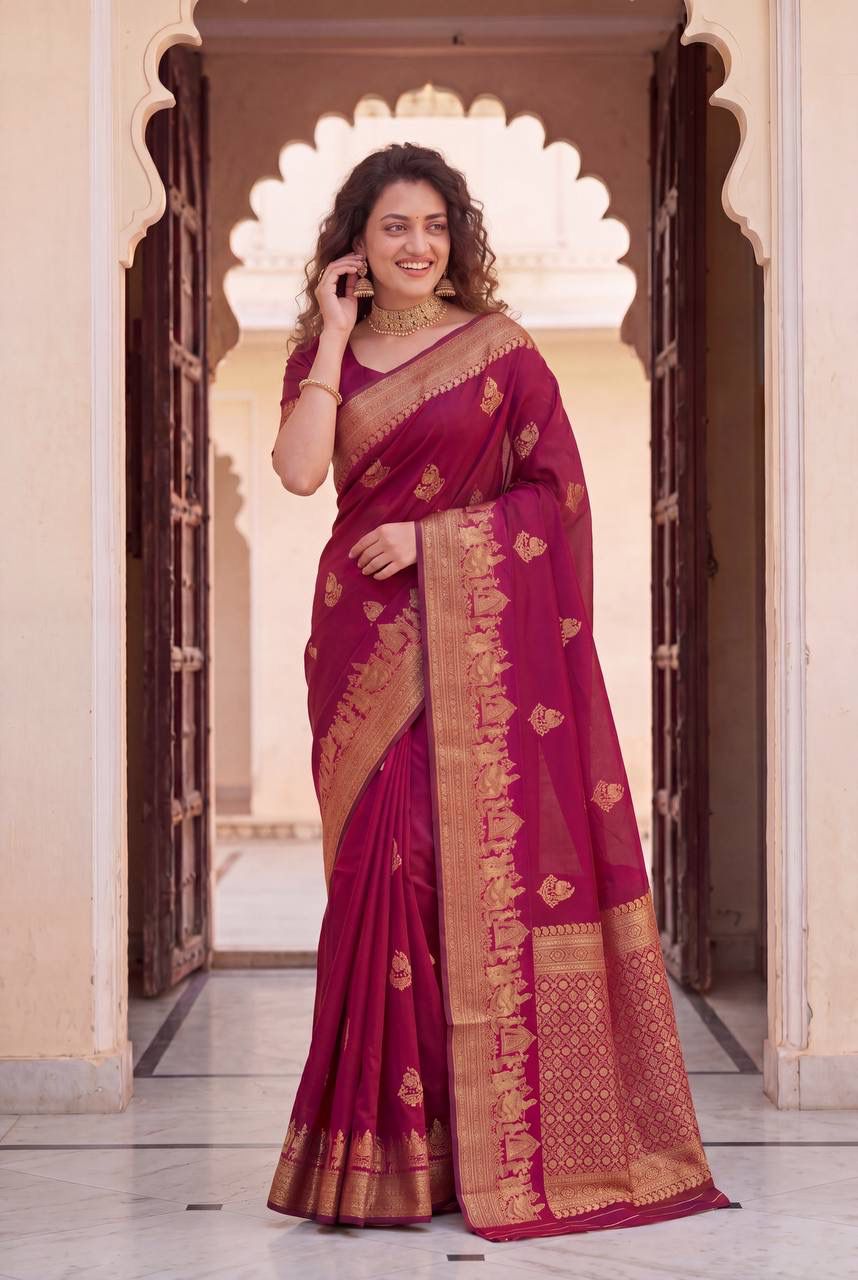 Beauteous Wine Soft Silk Saree With Denouement Blouse Piece