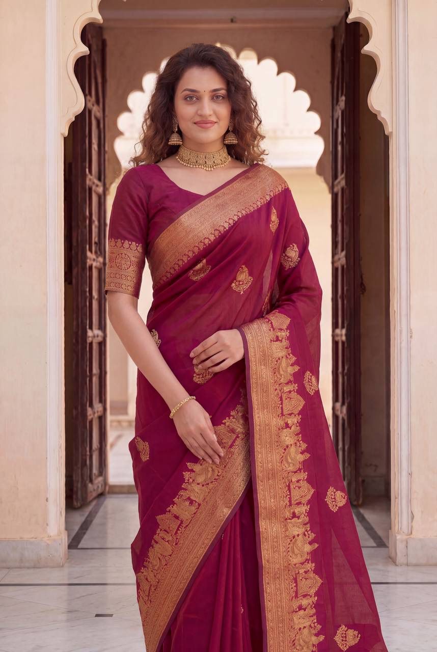 Beauteous Wine Soft Silk Saree With Denouement Blouse Piece