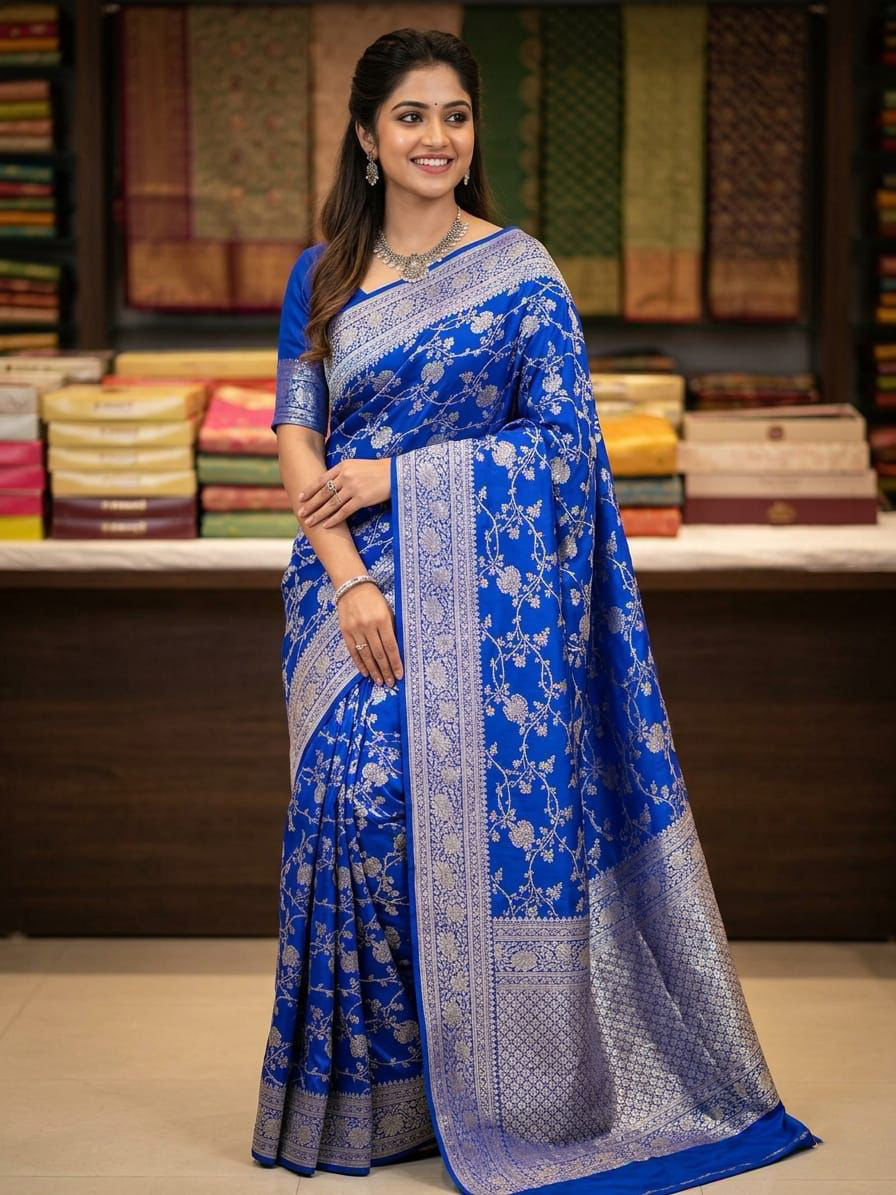 Inimitable Royal Blue Pure Zari Weaving Banarasi Silk Saree With Delectable Blouse Piece