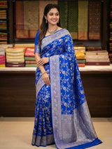 Inimitable Royal Blue Pure Zari Weaving Banarasi Silk Saree With Delectable Blouse Piece