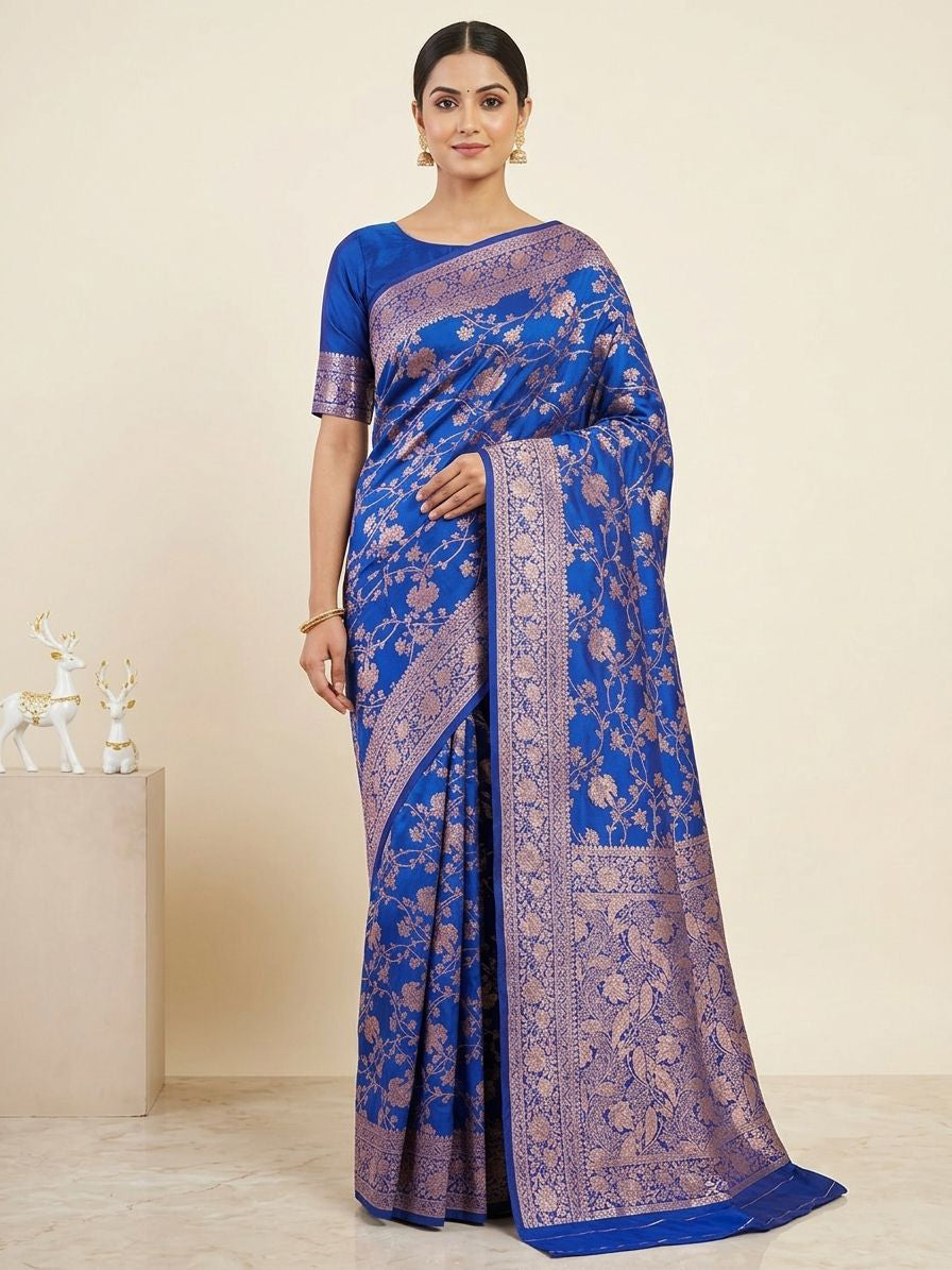 Inimitable Royal Blue Pure Zari Weaving Banarasi Silk Saree With Delectable Blouse Piece