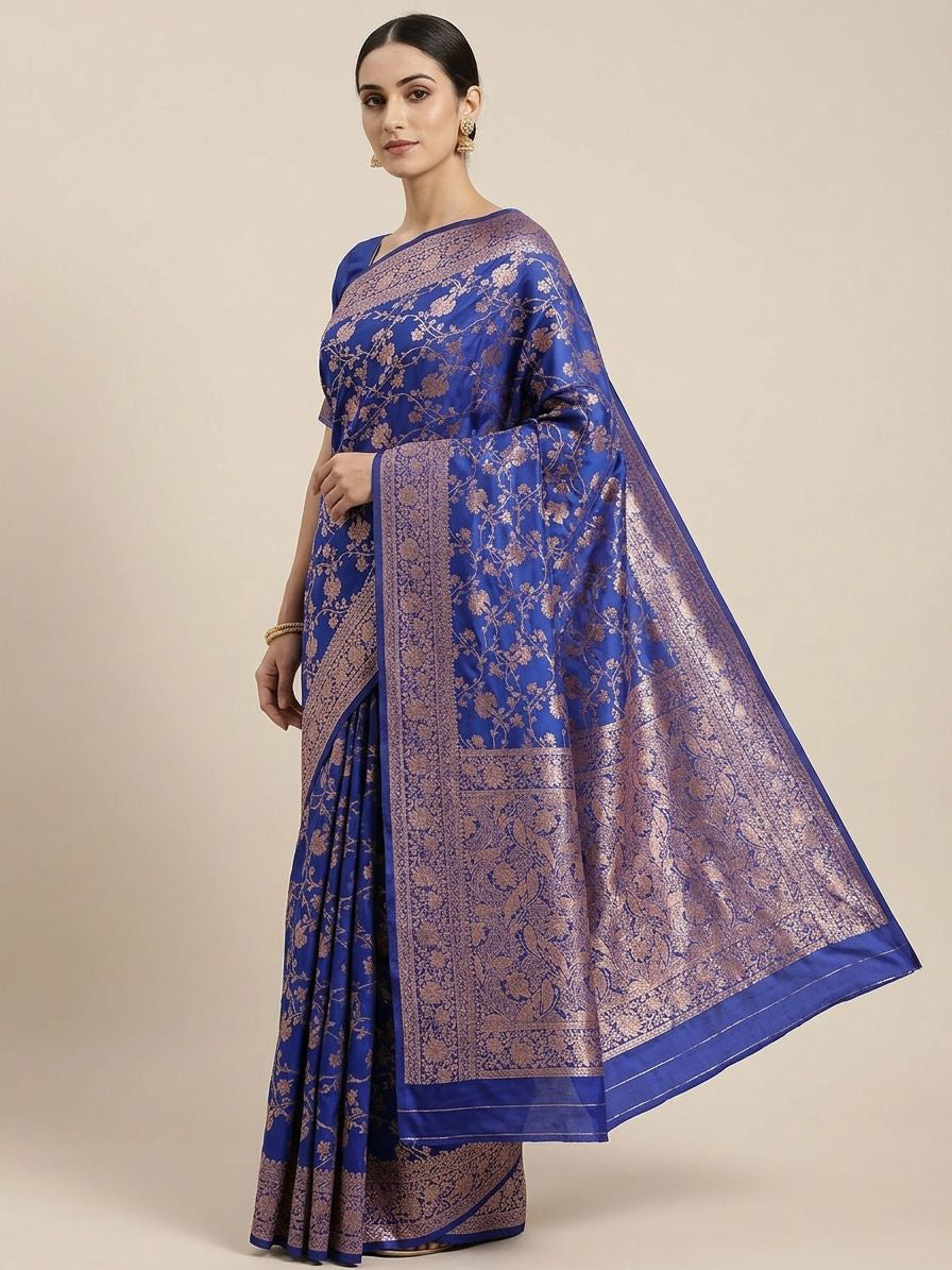 Inimitable Royal Blue Pure Zari Weaving Banarasi Silk Saree With Delectable Blouse Piece
