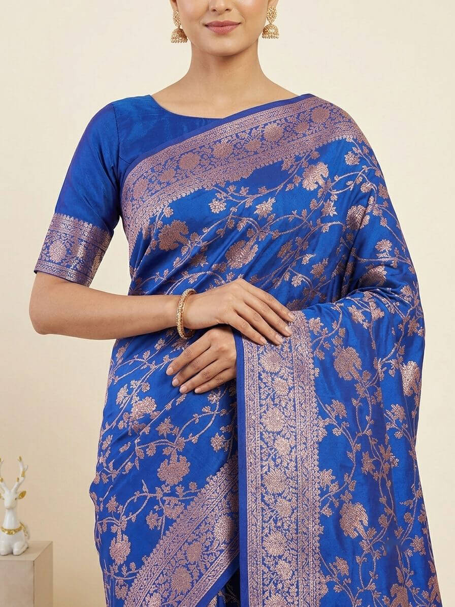 Inimitable Royal Blue Pure Zari Weaving Banarasi Silk Saree With Delectable Blouse Piece