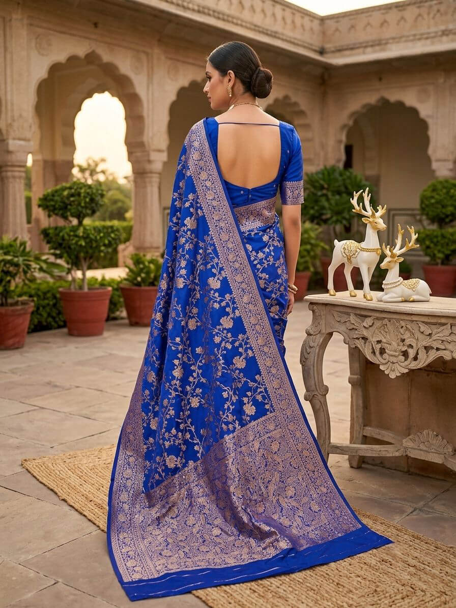 Inimitable Royal Blue Pure Zari Weaving Banarasi Silk Saree With Delectable Blouse Piece