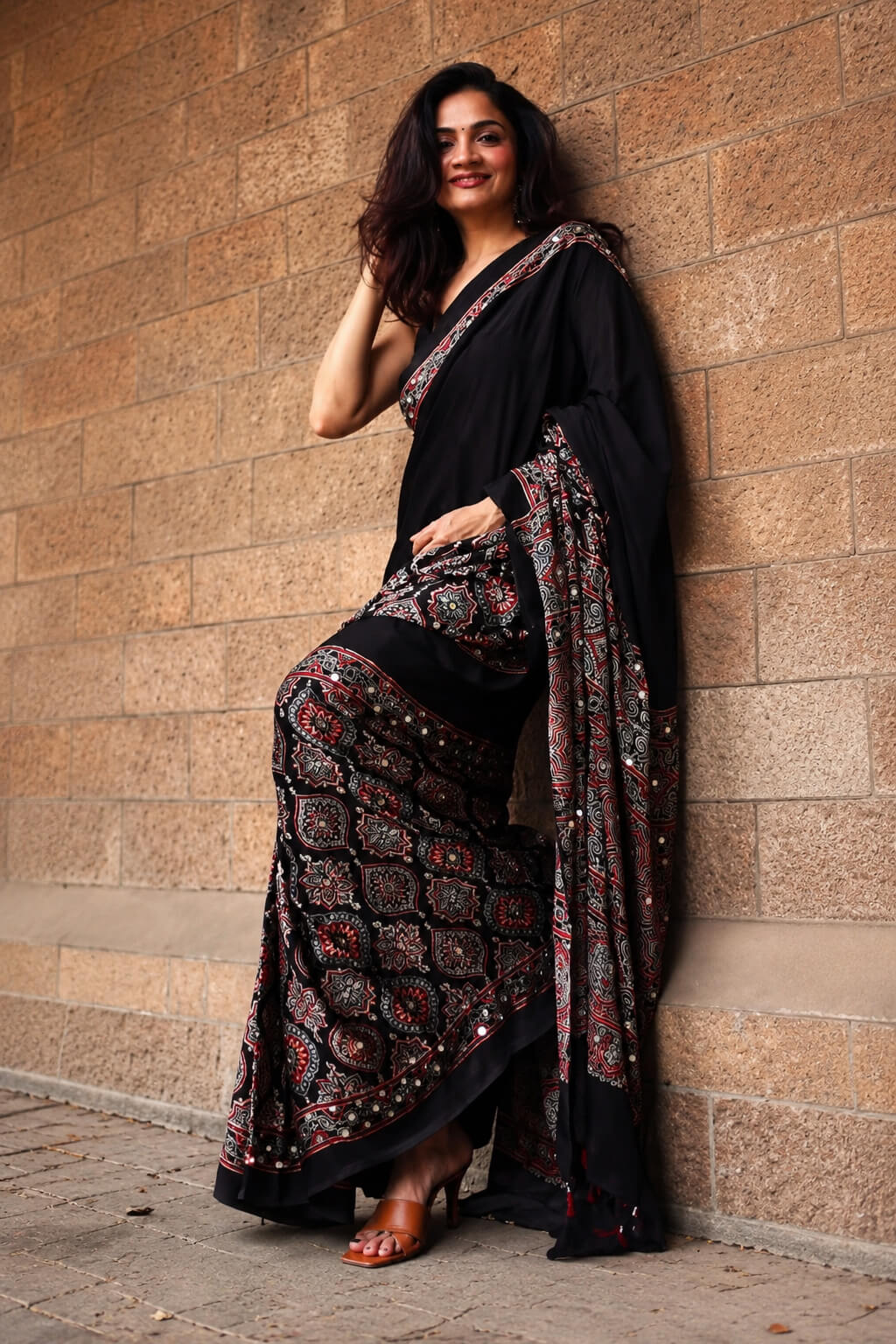 Divine Black Ajrakh Printed Mirror Work Satin Silk Saree With Vibrant Blouse Piece