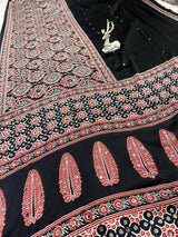 Divine Black Ajrakh Printed Mirror Work Satin Silk Saree With Vibrant Blouse Piece