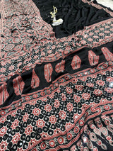 Divine Black Ajrakh Printed Mirror Work Satin Silk Saree With Vibrant Blouse Piece