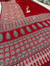 Imbrication Maroon Ajrakh Printed Mirror Work Satin Silk Saree With Evocative Blouse Piece