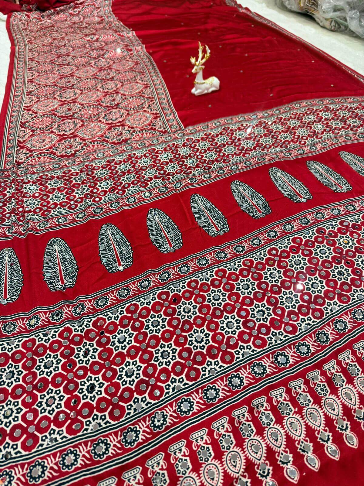 Imbrication Maroon Ajrakh Printed Mirror Work Satin Silk Saree With Evocative Blouse Piece