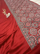 Imbrication Maroon Ajrakh Printed Mirror Work Satin Silk Saree With Evocative Blouse Piece
