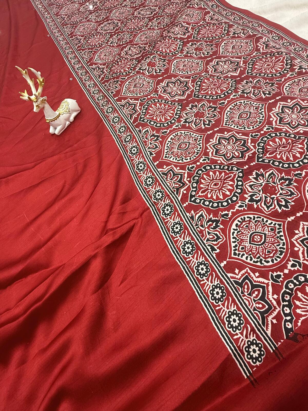 Imbrication Maroon Ajrakh Printed Mirror Work Satin Silk Saree With Evocative Blouse Piece
