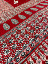 Imbrication Maroon Ajrakh Printed Mirror Work Satin Silk Saree With Evocative Blouse Piece