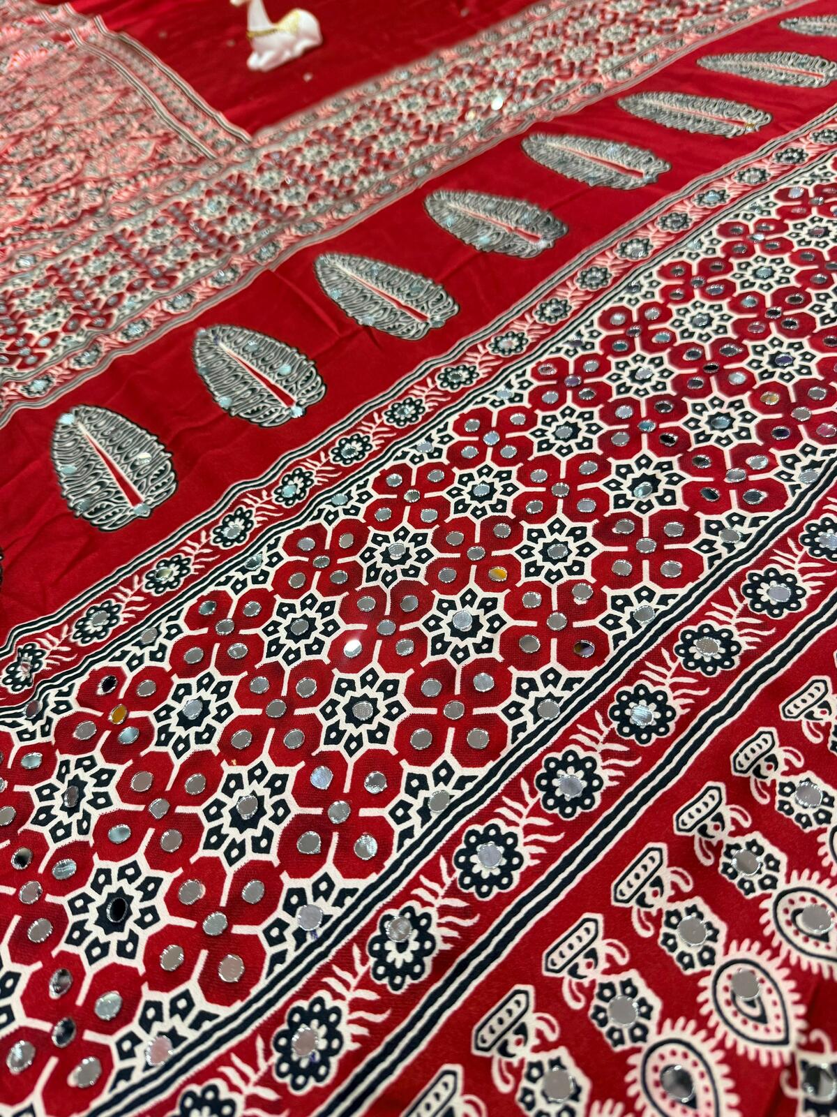 Imbrication Maroon Ajrakh Printed Mirror Work Satin Silk Saree With Evocative Blouse Piece