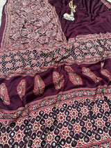 Ailurophile Purple Ajrakh Printed Mirror Work Satin Silk Saree With Lagniappe Blouse Piece