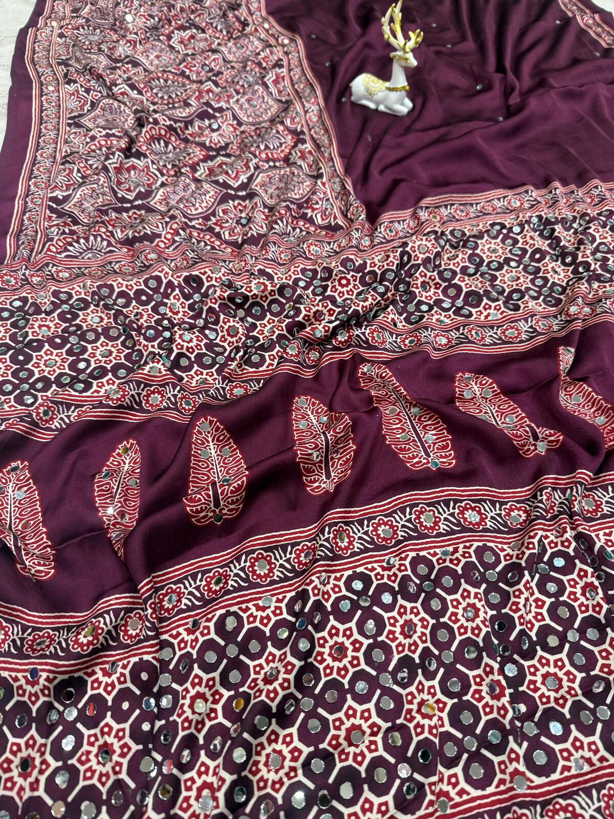 Ailurophile Purple Ajrakh Printed Mirror Work Satin Silk Saree With Lagniappe Blouse Piece