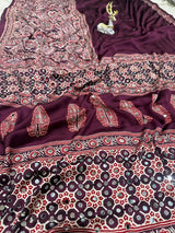 Ailurophile Purple Ajrakh Printed Mirror Work Satin Silk Saree With Lagniappe Blouse Piece
