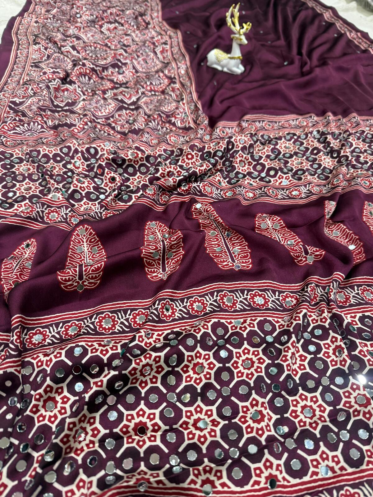 Ailurophile Purple Ajrakh Printed Mirror Work Satin Silk Saree With Lagniappe Blouse Piece